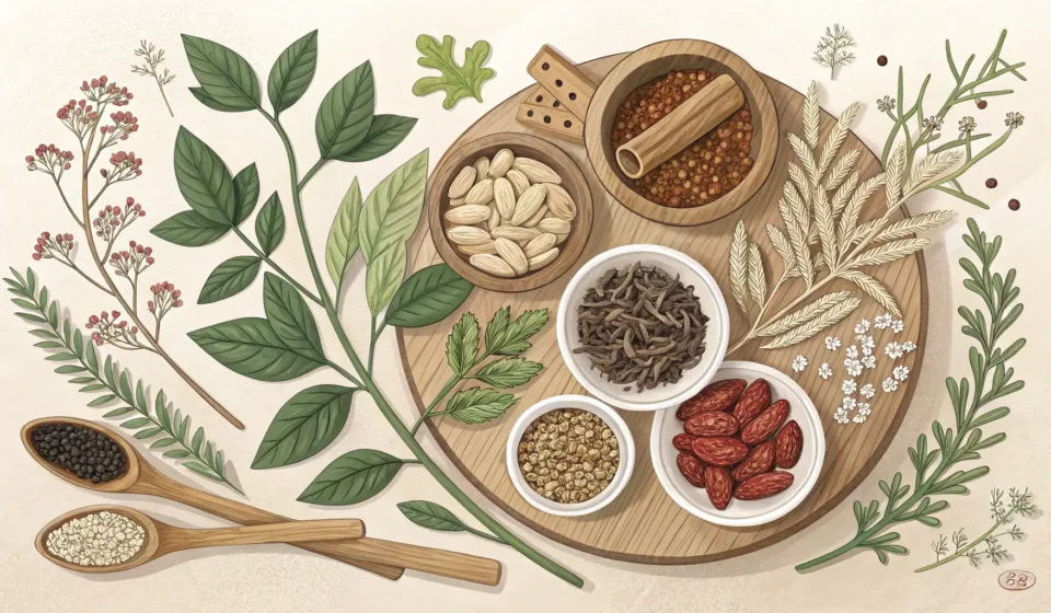 How to Say Oriental Medicine Hospital in Korean Assortment of traditional Korean medicinal herbs like ginseng in ceramic bowls, representing Hanbang...