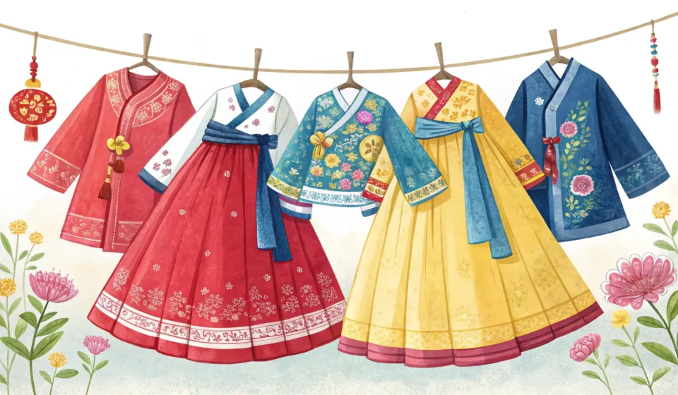 How to Rent a Hanbok in Korean Colorful traditional Korean Hanbok dresses hanging on display racks inside a rental shop, showcasing...