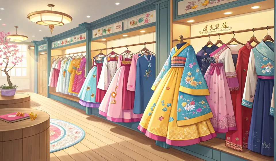 Trying On Hanbok in Korea Rows of colorful traditional Korean Hanbok dresses displayed on racks inside a rental shop, ready fo...