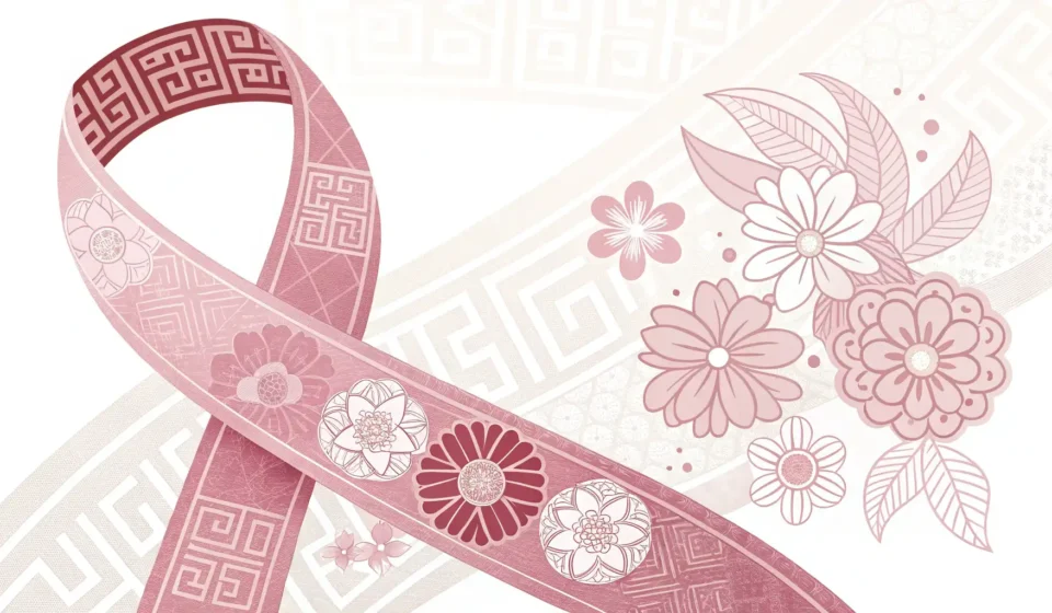 How to Discuss Breast Pain (유방통) in Korean A stylized pink awareness ribbon combined with subtle Korean traditional pattern details on a soft p...