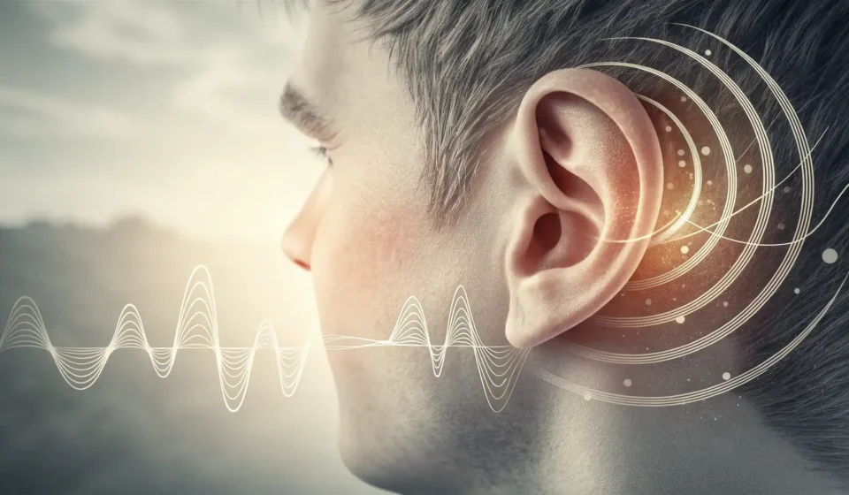 How to Say Hearing Aid in Korean Close-up of an ear with stylized sound waves against a soft Korean pattern background, representing...