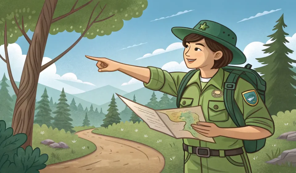 How to Ask About a Volcano View Trail in Korean A Korean park ranger helps a hiker by pointing to a trail map, with a beautiful view of a distant vo...