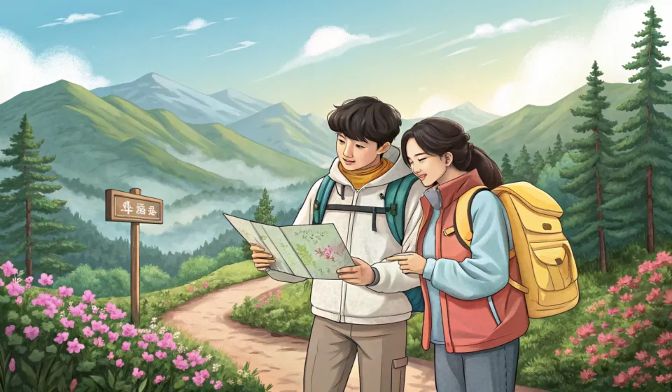 How to Argue About Choosing a Hiking Trail in Korean A Korean couple disagrees on which hiking trail to take, standing at a fork in a Korean mountain pat...
