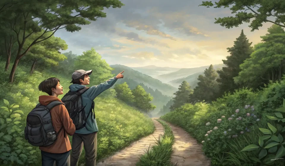 Asking for Bug Avoidance Tips on a Korean Hiking Trail Two hikers converse on a scenic Korean mountain path, one seemingly asking the other for advice abou...