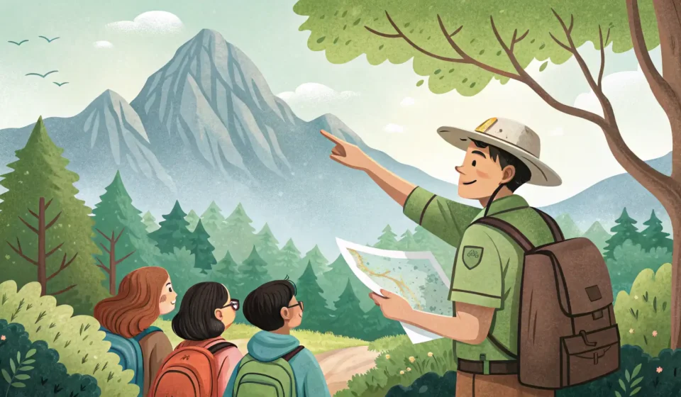 Asking About Trails with Ridge Views in Korean A hiker looking at a map with a Korean park ranger who is pointing towards a scenic mountain ridge v...