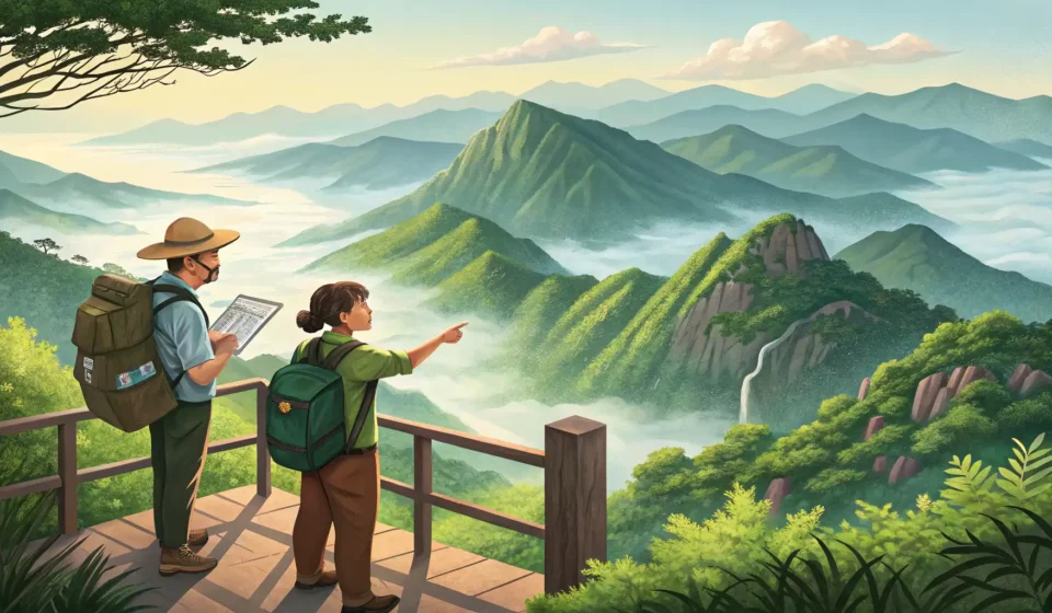 How to Ask About Trails with Great Views in Korean A hiker and a park ranger overlooking a scenic Korean mountain landscape, representing asking for di...