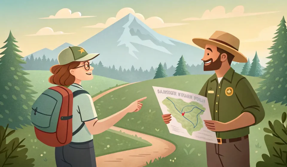 How to Ask About Trails with Waterfall Views in Korean A hiker asking a park ranger about trails on a map in a Korean mountain landscape with a waterfall,...