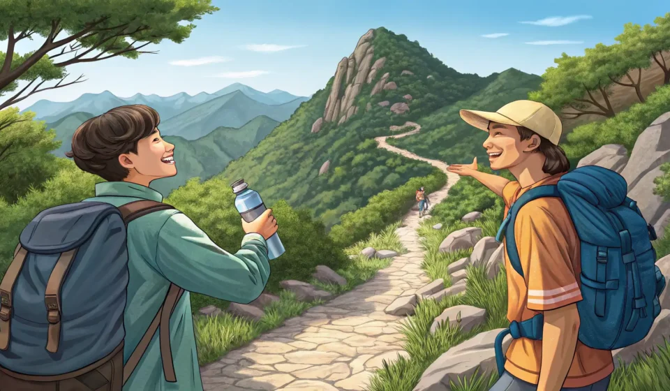 How to Ask for a Spare Bottle Cap While Hiking in Korea Illustration of two hikers on a Korean mountain trail; one politely gestures with a capless water bo...
