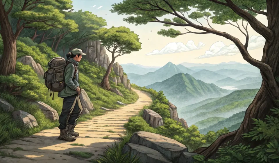 How to Ask for a Spare Sock in Korean (Hiking Scenario) A hiker looks down at their wet foot near a puddle on a Korean mountain trail, illustrating a hiking...