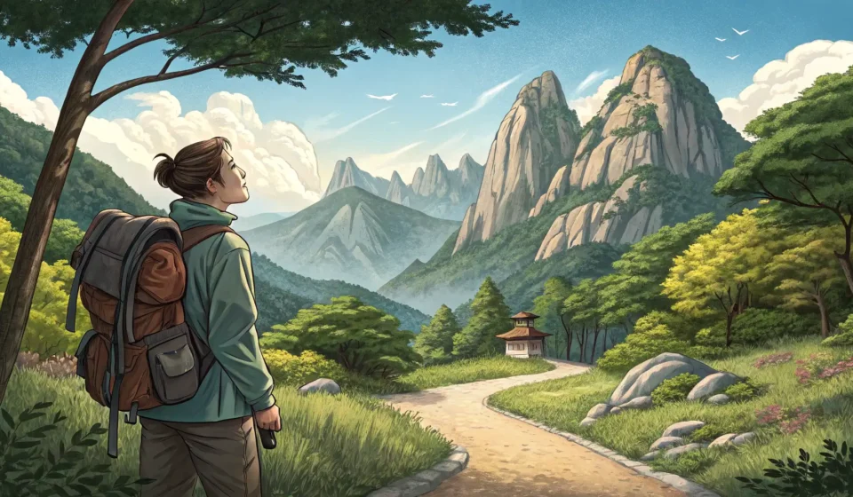 How to Ask for Tips on Avoiding Crowded Hiking Trails in Korean Illustration of a hiker contemplating two paths on a Korean mountain trail, one busy and one quiet,...
