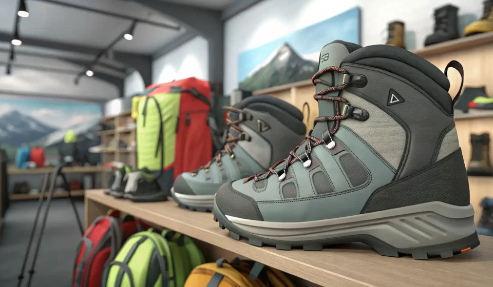 How to Ask About a Sale on Hiking Boots in Korean Hiking boots displayed with a sale tag in a Korean store, illustrating asking about discounts for Ko...