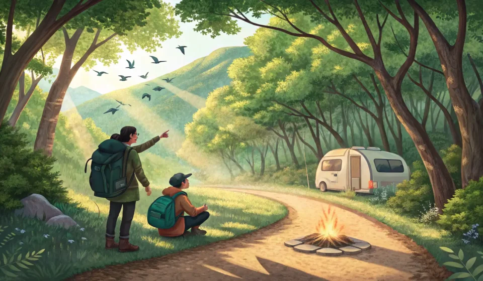 Asking for Deer Spotting Tips in Korean: Hiker to Camper Illustration of a hiker asking a camper for advice on a trail in a lush Korean forest, symbolizing a...
