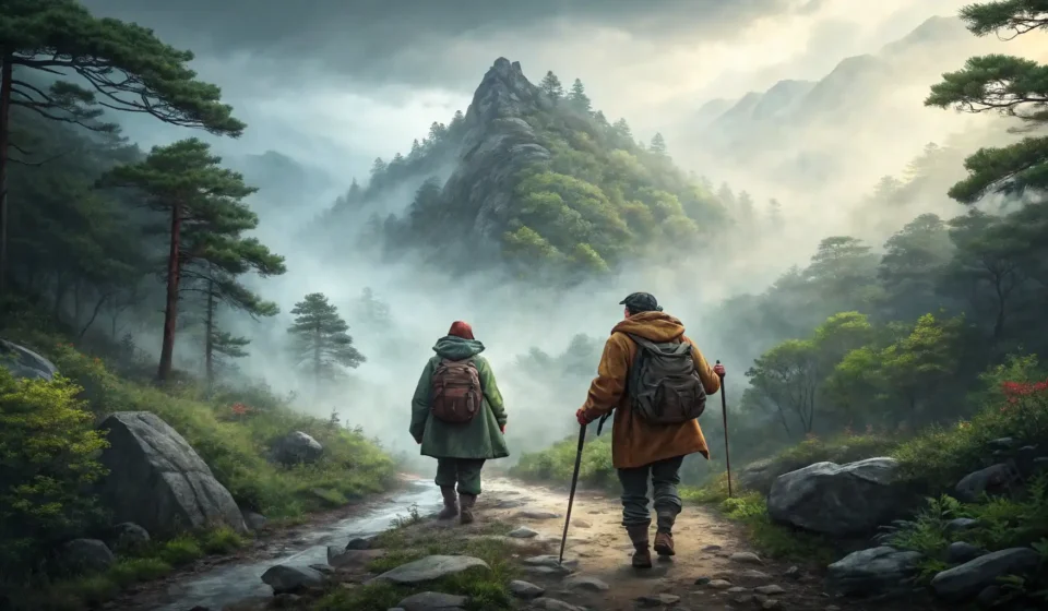 How to Ask for a Spare Map on a Foggy Trail in Korean Two hikers meeting on a foggy mountain trail in Korea, symbolizing needing help or directions while...