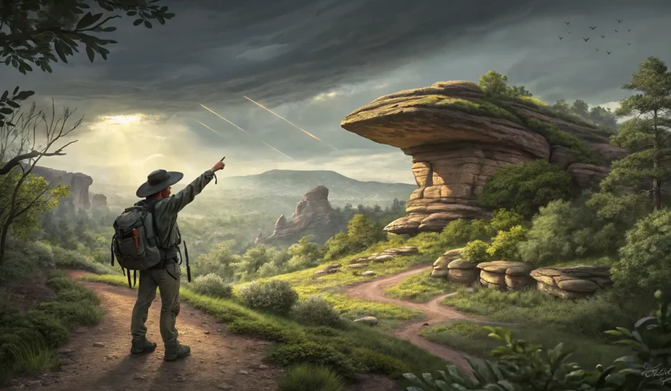 Asking About Trails with Natural Rock Shelters in Korean A hiker points towards a natural rock shelter while speaking with a guide on a scenic Korean mountai...