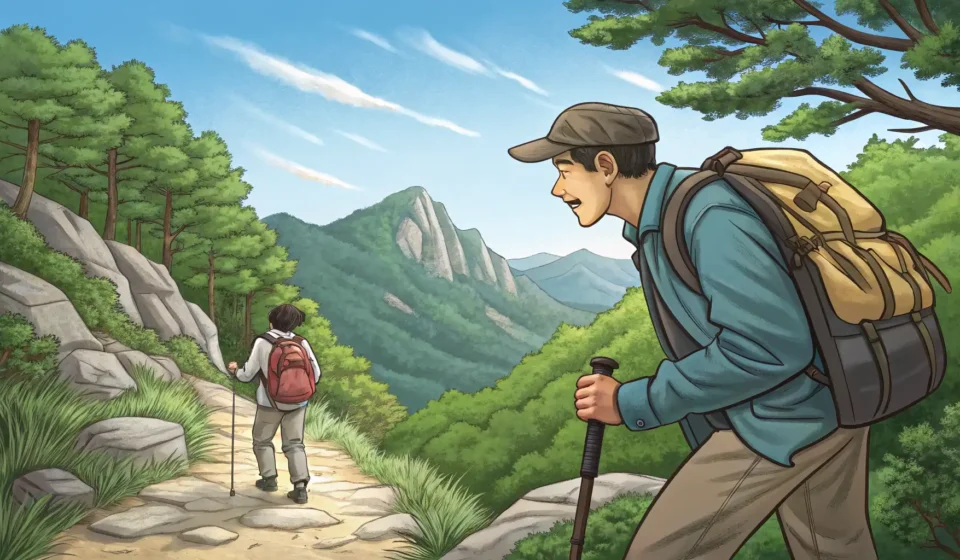 Asking for a Compass When Lost Hiking in Korean A hiker looking lost approaches another hiker on a trail in the Korean mountains, illustrating the c...