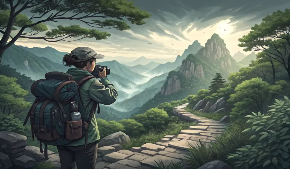 How to Ask About Scenic Hiking Trails for Photos in Korean Illustration of a hiker with a camera admiring a scenic Korean mountain trail, representing asking f...