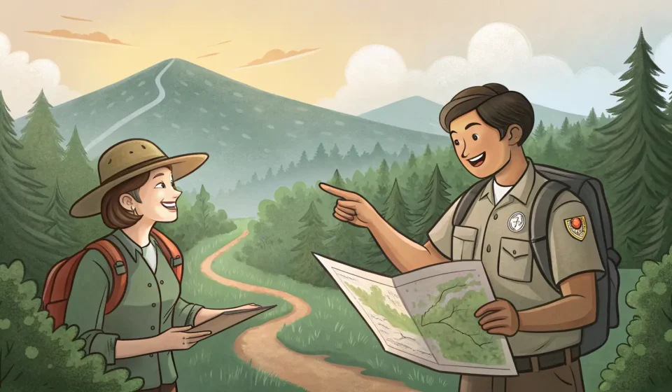 Asking a Ranger for Picnic-Friendly Trails in Korean Illustration of a Korean park ranger showing a hiking trail map to a hiker with a picnic basket, set...