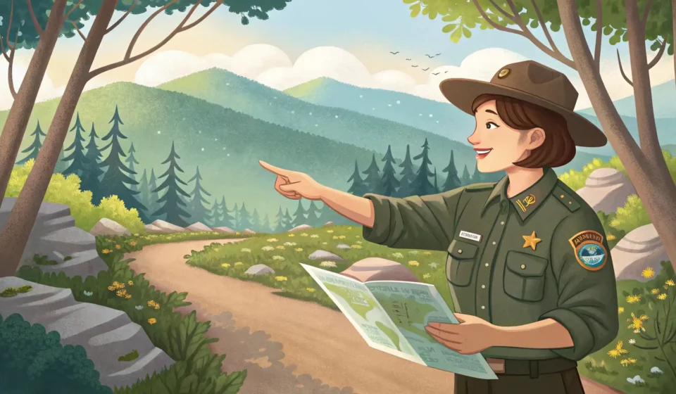 Asking About Hiking Trails with Picnic Spots in Korean Illustration of a hiker with a picnic basket asking a Korean park ranger for directions on a mountai...