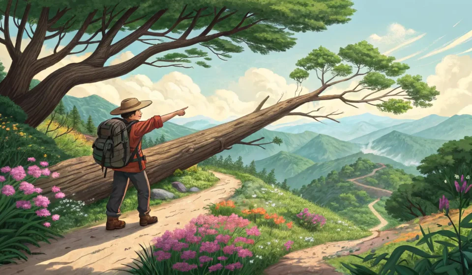 Asking About a Trail Detour in Korean Illustration depicting a hiker encountering a fallen tree blocking a Korean trail and asking a guide...