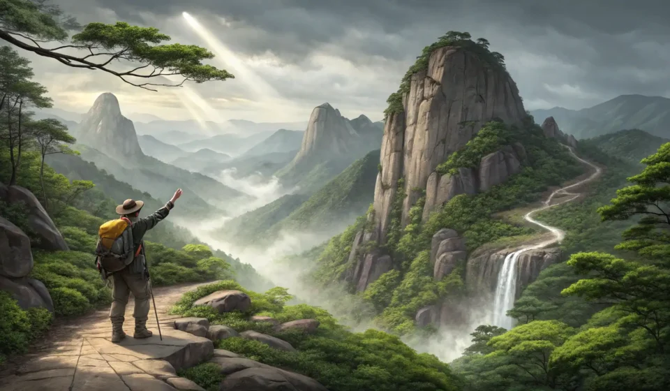 How to Ask About a Trail with a Natural Rock Formation in Korean Hiker asking a guide about a unique rock formation on a scenic Korean mountain hiking trail.