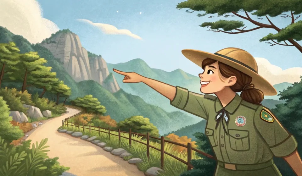 Asking About Hiking Trails in Korean Illustration of a hiker asking a park ranger about trails in a Korean national park, with a scenic m...