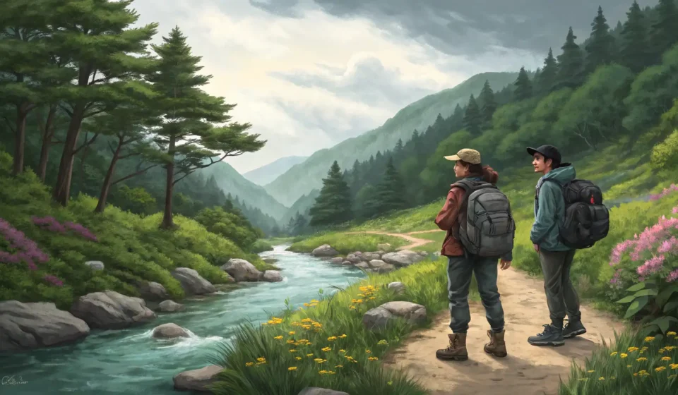Asking About Water Filters on the Trail in Korean Two hikers discussing a portable water filter on a beautiful Korean mountain trail next to a stream,...