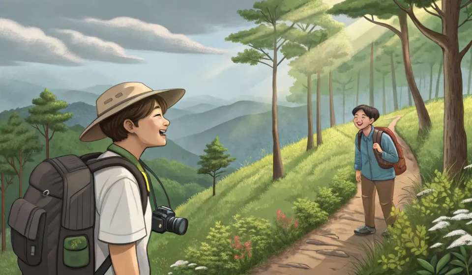 How to Ask About a Hidden Waterfall While Hiking in Korean A tourist asks a local hiker for directions on a scenic Korean mountain trail, pointing towards a si...