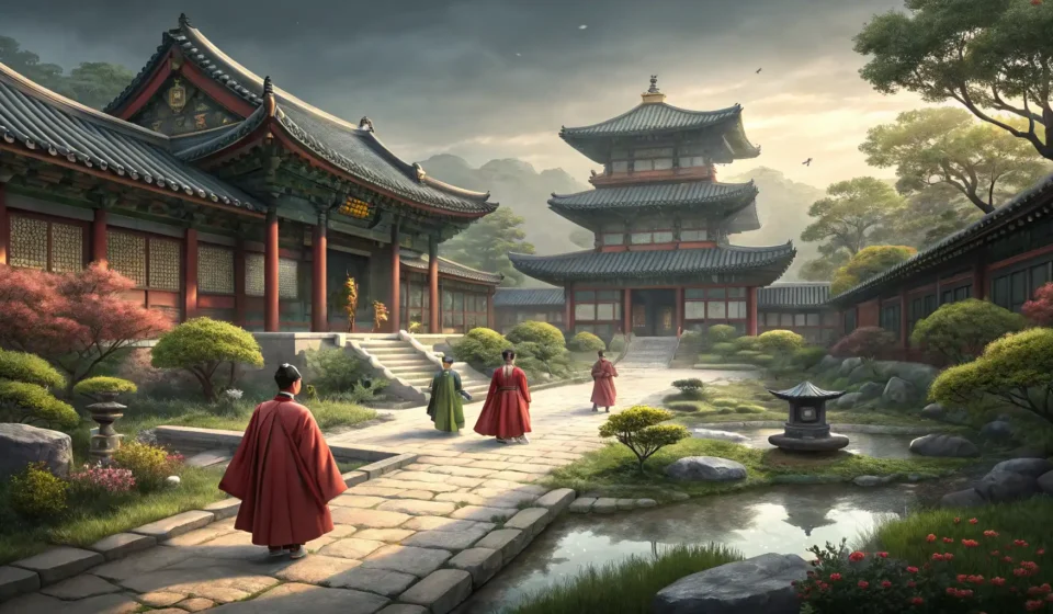 Understanding Korean Historical Dramas (Sageuk) Figures in traditional Korean Hanbok stand within a majestic Joseon Dynasty royal palace courtyard,...
