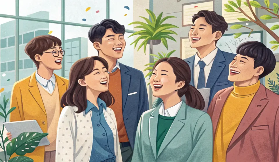 Understanding Hoesik: Korean Workplace Dinner Culture Illustration depicting a cheerful Korean Hoesik (workplace dinner) with colleagues toasting drinks a...