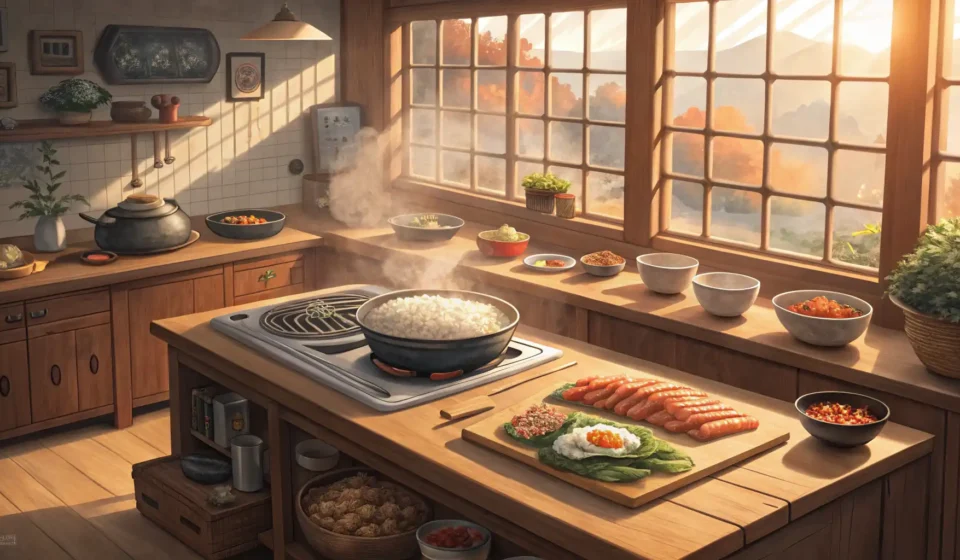 Discussing Holiday Baking Choices in Korean Baking ingredients like flour, eggs, and fruit laid out on a counter in a cozy Korean-style kitchen,...
