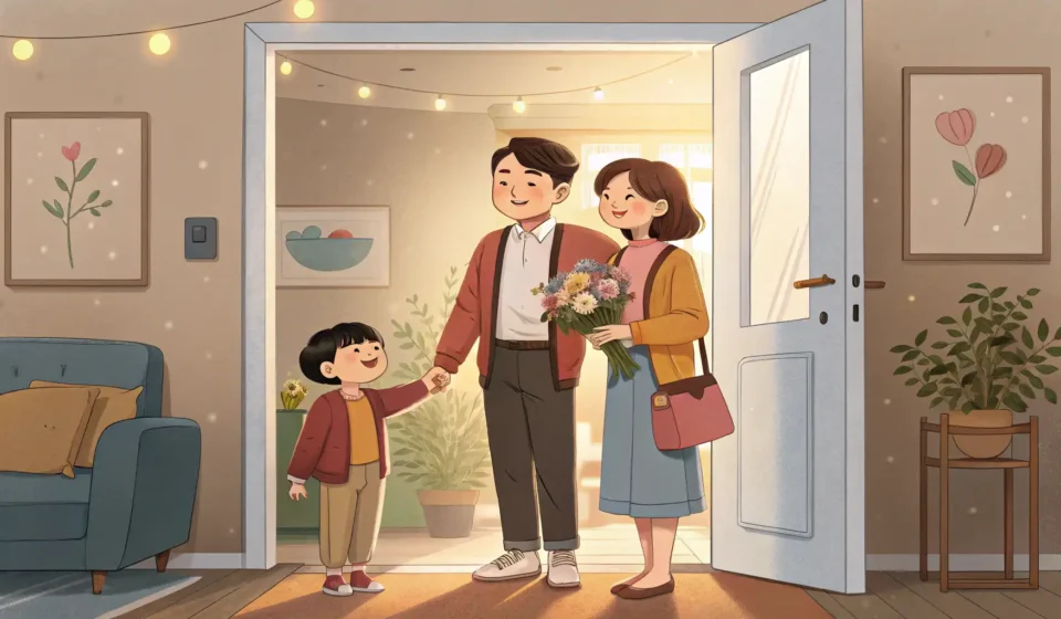 How to Say Homestay in Korean Illustration of a friendly Korean host family welcoming someone at the door of their home, represent...