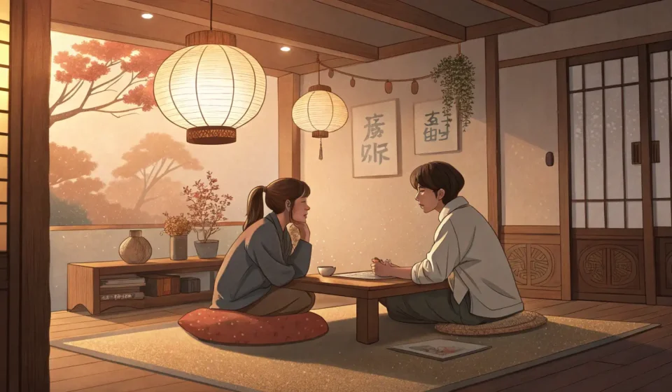Asking for Help with Homework in Korean Two students studying together in a cozy Korean home setting, one looking confused at a laptop showi...