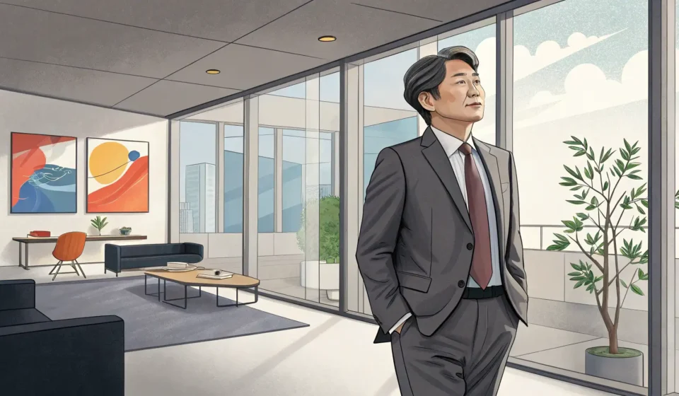 How to Say Honorary Retirement in Korean Illustration depicting a Korean office worker looking out a window at a view blending Seoul cityscap...