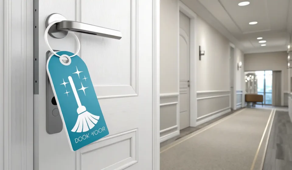 Requesting Hotel Room Cleaning in Korean Hotel room door with a 'please clean' symbolic door hanger, hinting at a tidy room and a Korean city...