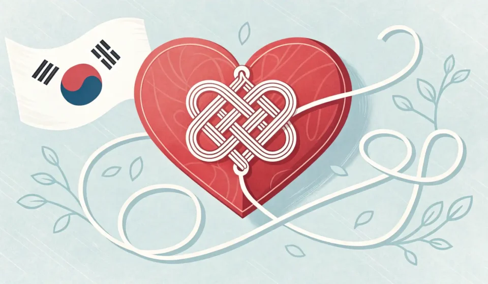 How to Say Hypertension Clinic in Korean Stylized heart icon with a Korean knot detail, symbolizing learning Korean medical terms like 'Hyper...