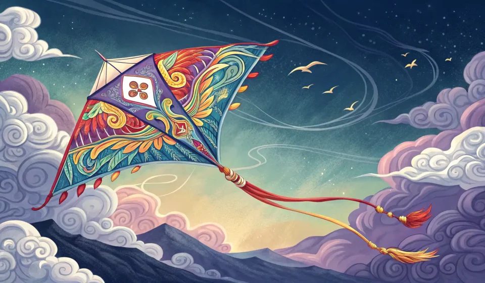 Expressing Fantastical Concepts: The Sentient Storm and the Kite Flyer in Korean A traditional Korean kite flies high against a dramatic sky with stylized storm clouds gathering ove...