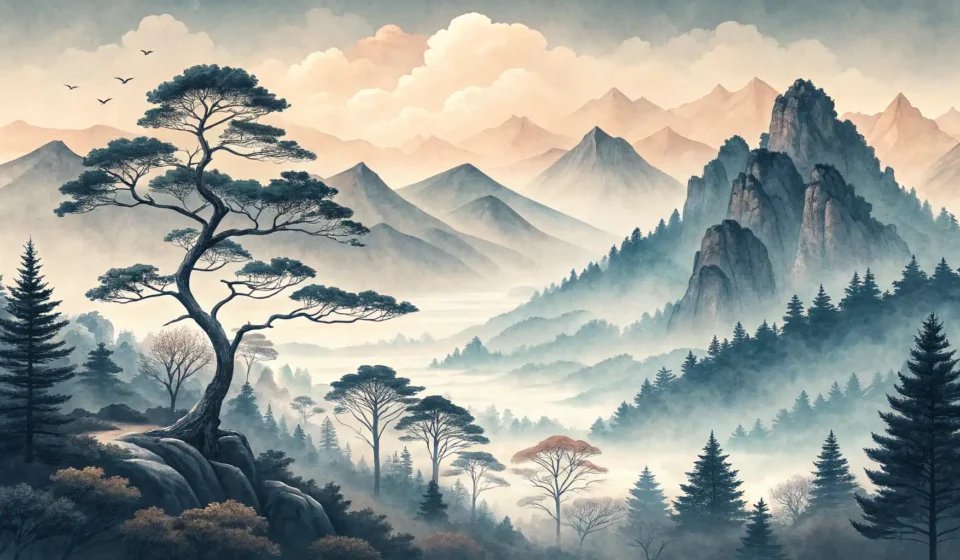 How to Say “A Space Farmer Debating a Cosmic Breeze About Sowing Seeds in Orbit” in Korean Stylized image blending a traditional Korean ink wash landscape painting of mountains and pines into...