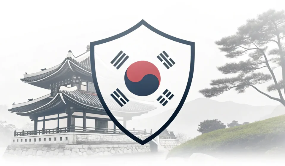 How to Say Industrial Accident Compensation in Korean Stylized shield icon with Korean colors next to a helping hand symbol, representing industrial accid...
