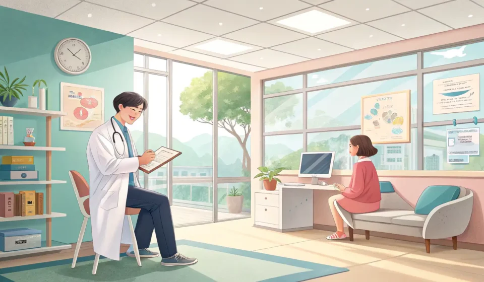 How to Say Internal Medicine in Korean Illustration of a modern, clean Korean doctor's office interior, symbolizing a visit to internal med...