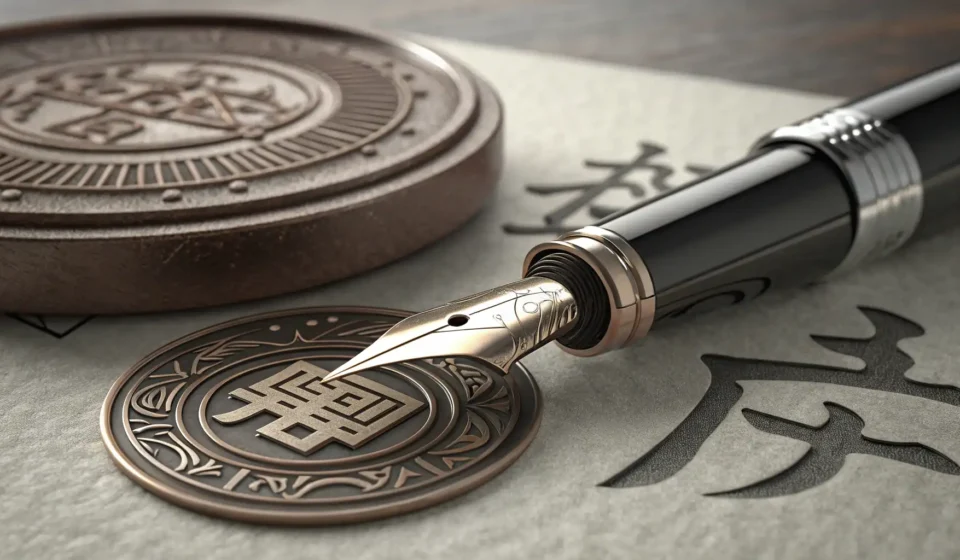 How to Say International Contract in Korean Close-up image showing a traditional Korean dojang seal and a fountain pen resting beside an unsigne...