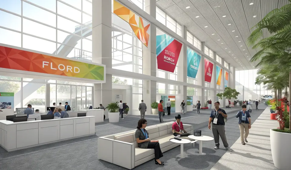 Participating in International Events in Korean Diverse attendees registering and networking at a bright, modern international conference hall, repr...