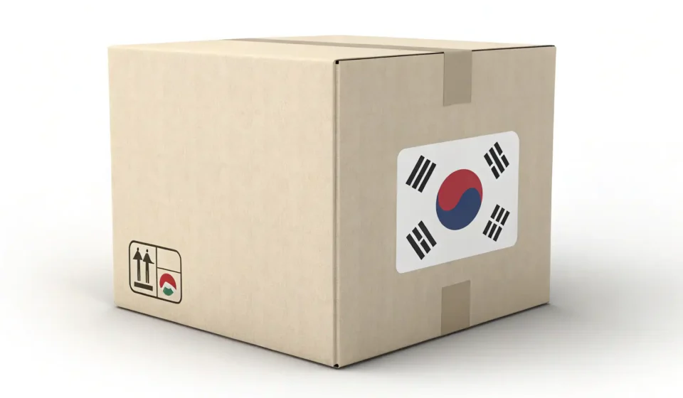 How to Request International Shipping in Korean Illustration of a cardboard package with a South Korean flag sticker next to an airplane and globe,...