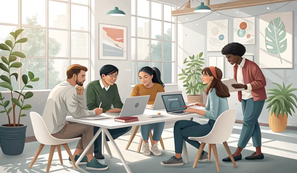How to Say Internship in Korean Young professionals collaborating in a modern office overlooking the Seoul skyline, representing see...