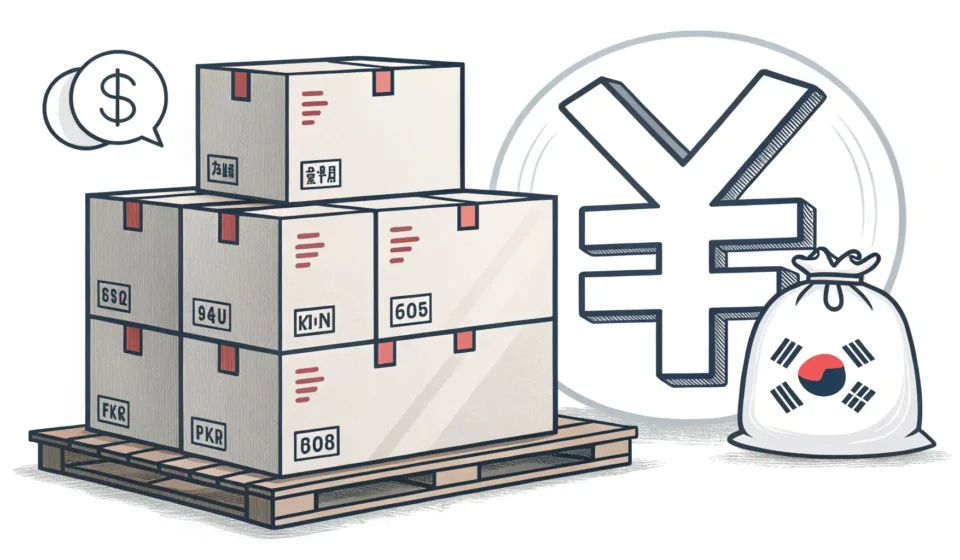 How to Say Inventory Secured Loan in Korean Stylized graphic showing stacked boxes representing inventory next to a Korean Won symbol, illustrat...