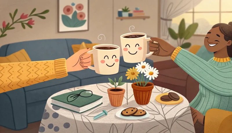 Inviting Someone to a Gathering in Korean Illustration of two hands clinking coffee mugs in a warm Korean cafe, symbolizing inviting someone t...