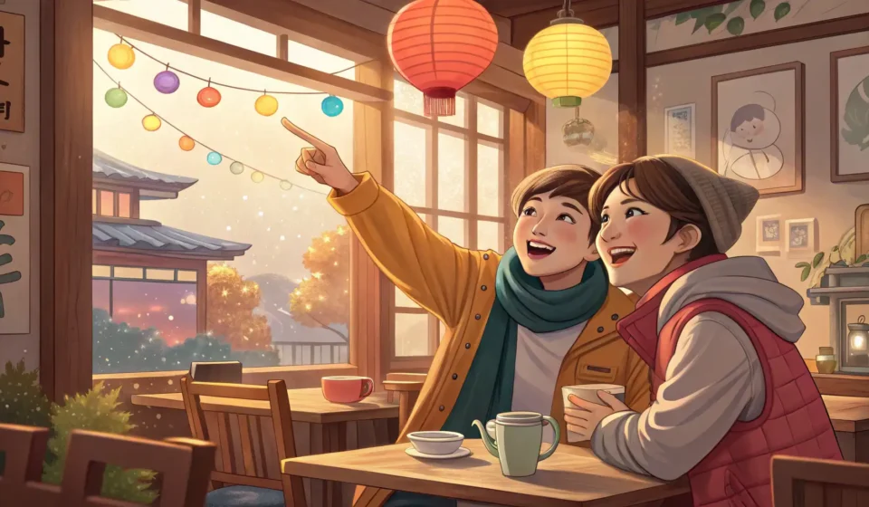 How to Convince a Friend to Join a Baking Class in Korean Two friends in a cozy Korean cafe setting, excitedly discussing joining a baking class, illustrating...