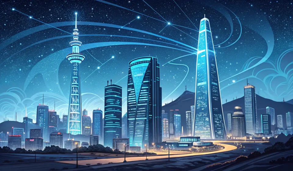 Understanding the Korean IT Industry Futuristic Seoul skyline illuminated by glowing digital network lines, representing the advanced Kor...