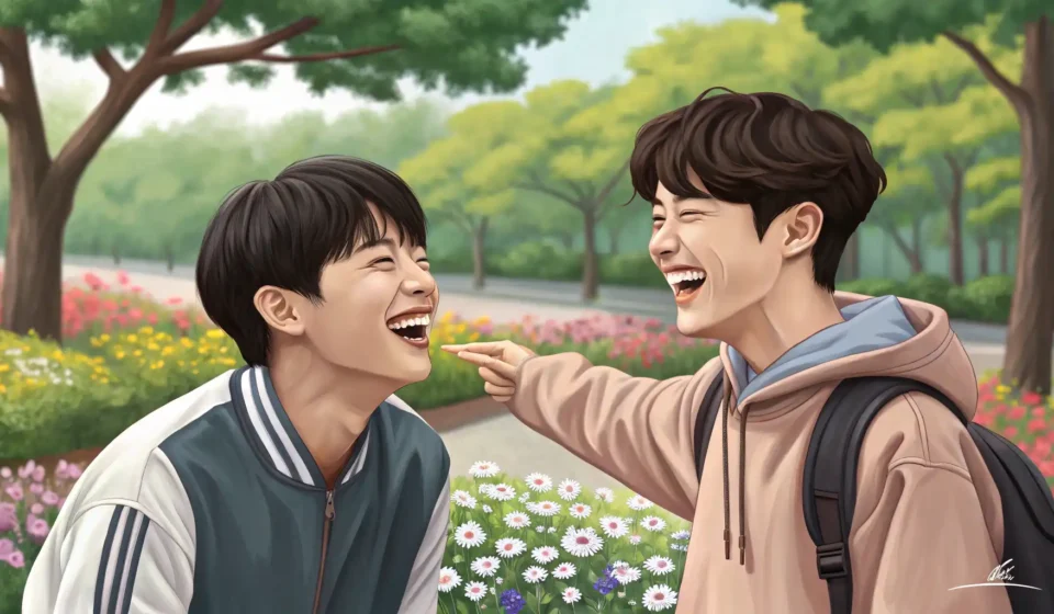 How to Joke About Bad Dancing in Korean Two young Korean friends laughing together, one playfully gesturing at the other, evoking a humorous...