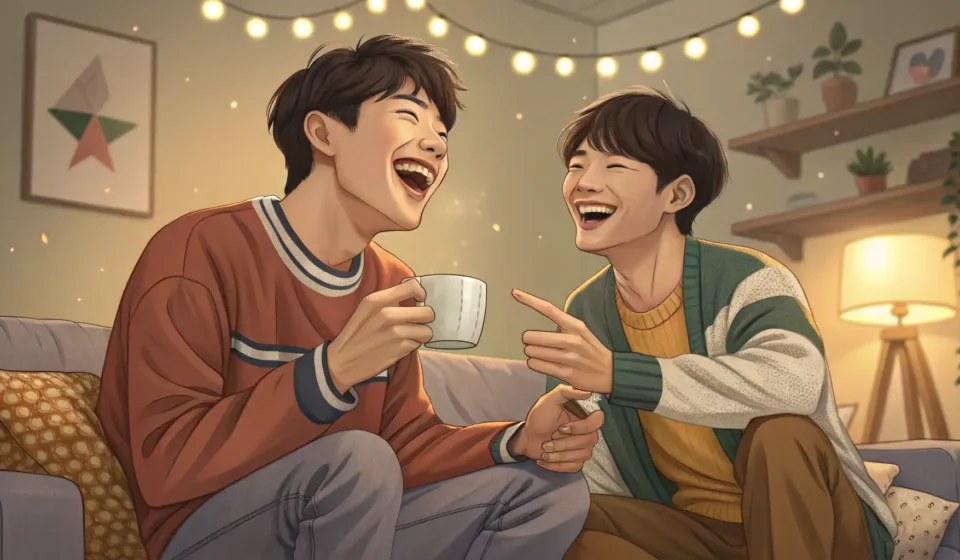 How to Joke About a Bad Painting in Korean Illustration of two Korean friends laughing together, one holding a comically bad painting, symboliz...