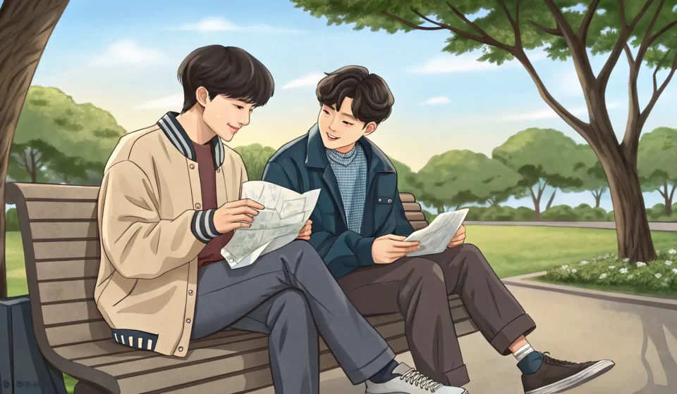 How to Joke About a Friend’s Bad Poem in Korean Illustration of two young Korean friends laughing together; one holds a crumpled paper, symbolizing...